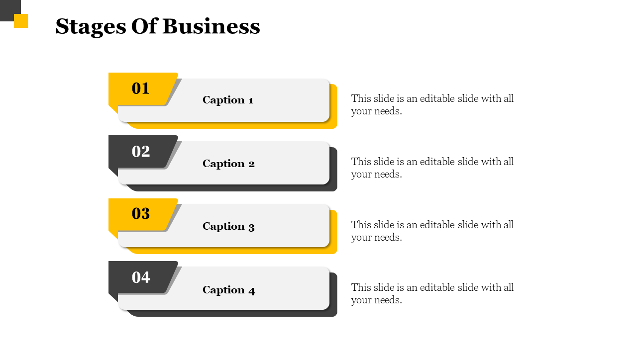 Stages of business slide featuring four color coded numbered sections, each with a caption on a white backdrop.