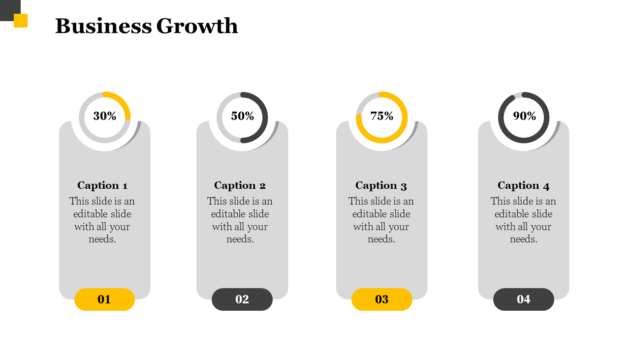 Business growth slide with four sections, each representing different stages of growth with captions.