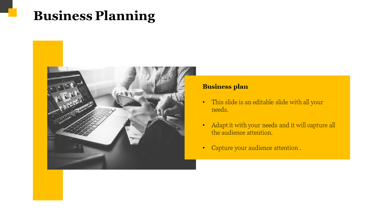 Business planning slide featuring a laptop and smartphone with placeholder text on a yellow and white backdrop.