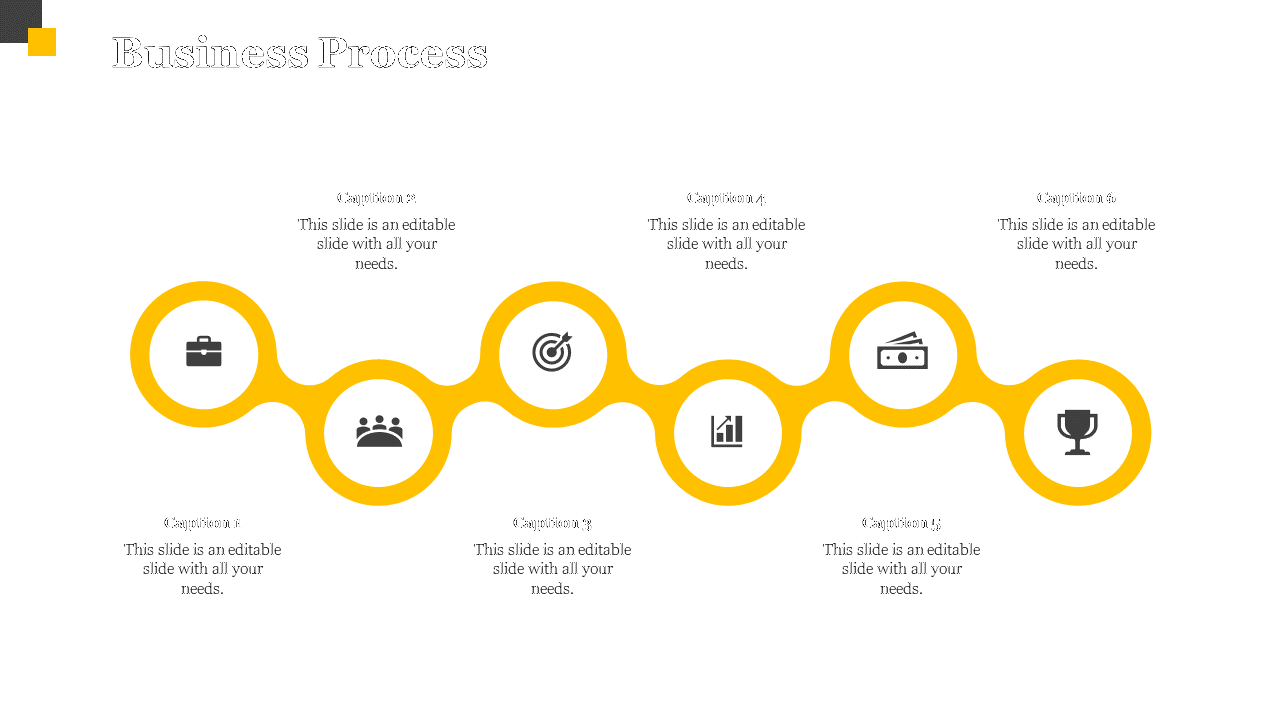 Business process flow slide with yellow circular icons representing steps with captions on a white backdrop.