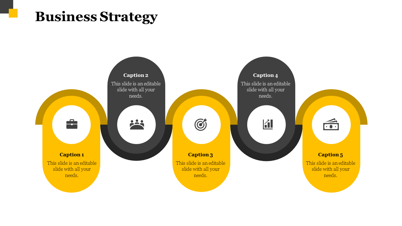 Business strategy slide with five yellow and black circular icons representing different steps, each with a caption.