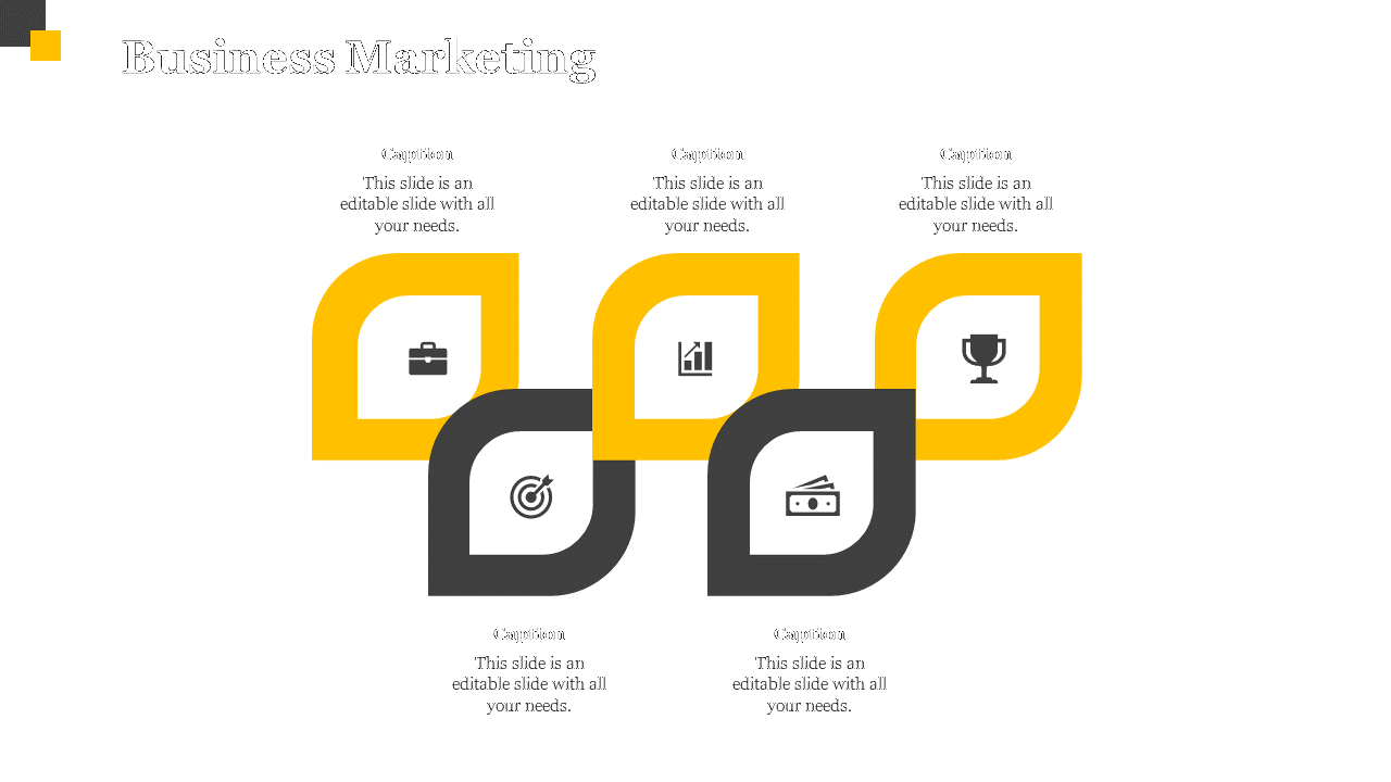 Business marketing slide with four yellow and black diamond shaped sections, each containing an icon and a caption.
