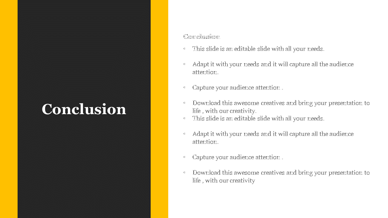 Conclusion slide with yellow and black sections, featuring placeholder text on a white theme.
