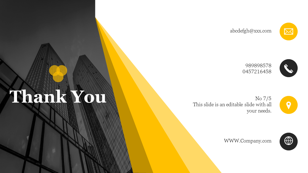 Thank You slide with contact details and icons, on a yellow and black background with city buildings.