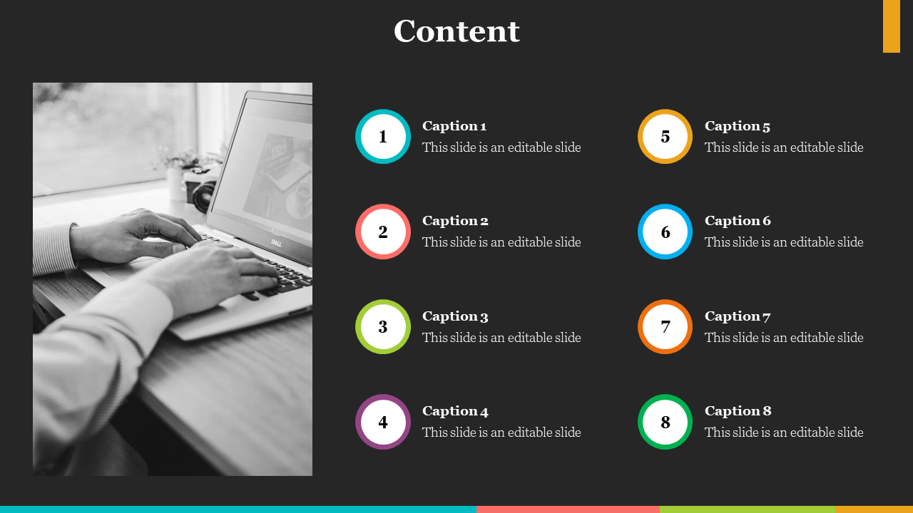 A content slide featuring an image of a person working on a laptop with colorful numbered circles for captions.
