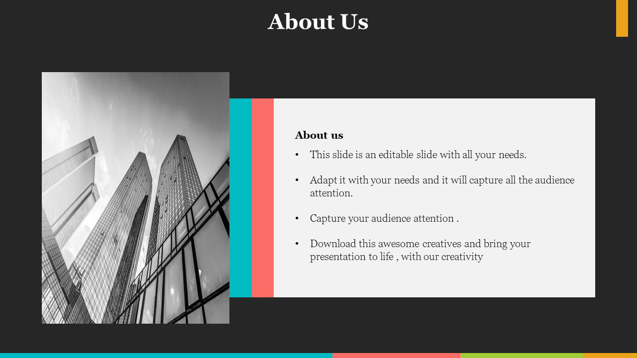 An About Us slide featuring a black and white photo of skyscrapers with text on the right.