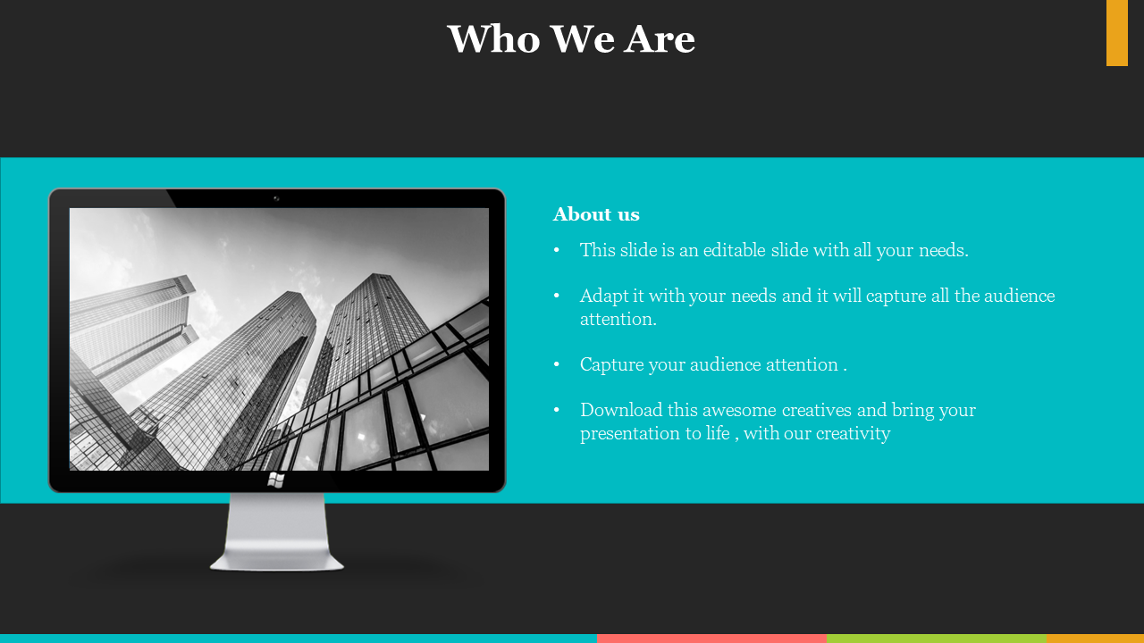 A Who We Are slide with a black and white image of skyscrapers on a computer screen, with text on a blue backdrop.