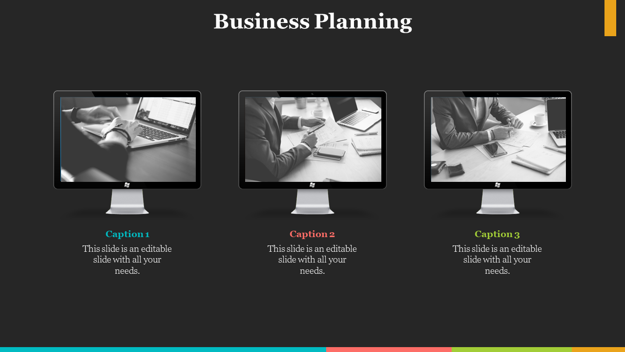Business Planning slide with three computer monitors showing black and white images of professionals working, with a caption.