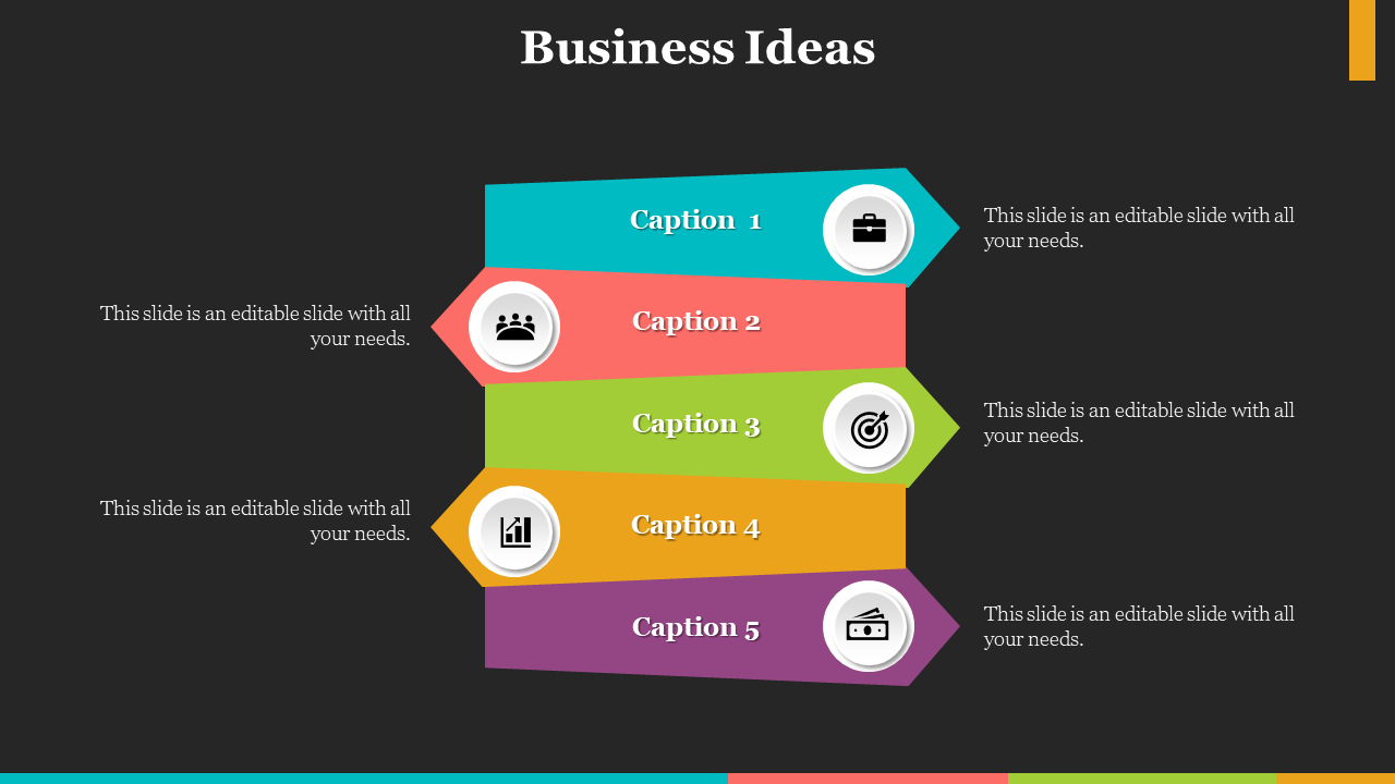 A Business Ideas slide with colorful shapes containing icons and captions numbered 1 through 5, each with text.