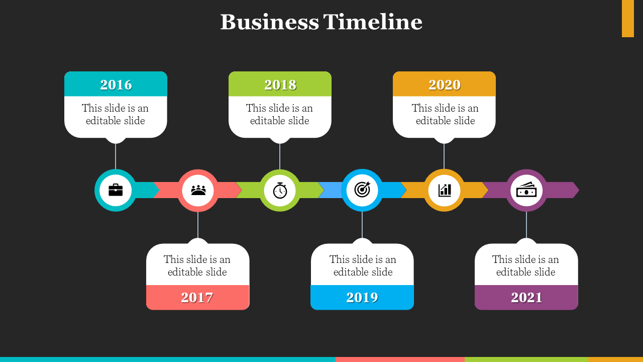 A colorful business timeline slide with years 2016 to 2021, each with a unique icon and caption on a black backdrop.