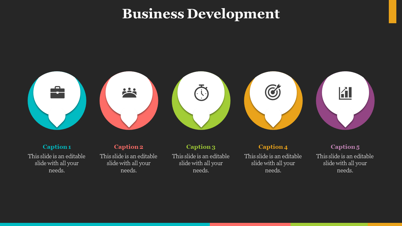 Business Development slide features five colorful circles with icons and captions, each representing key business elements.