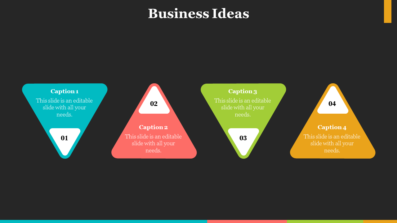 Business Ideas slide with four colorful triangles, each containing a caption with numbers 1 to 4.