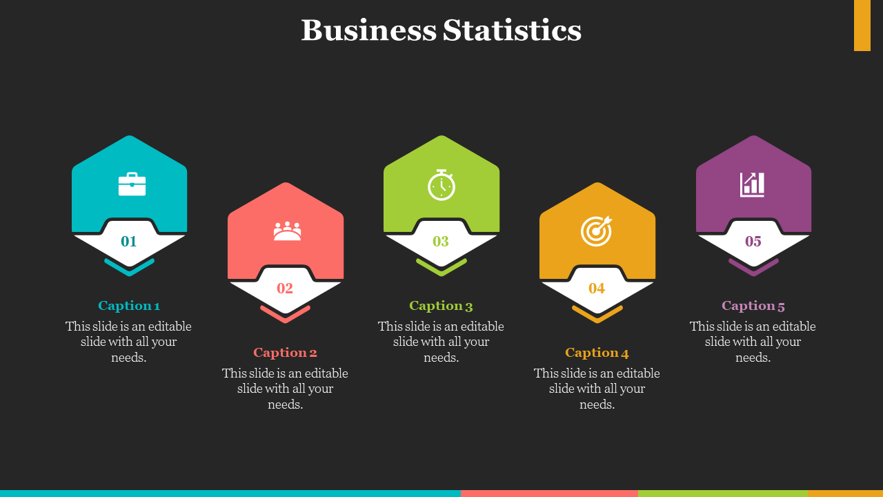 Business Statistics slide with five colorful hexagon shaped icons, each representing a different business concept.