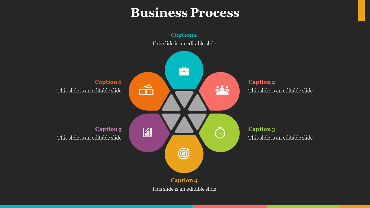A Business Process slide featuring a hexagonal layout with six colorful sections, each containing an icon and caption.