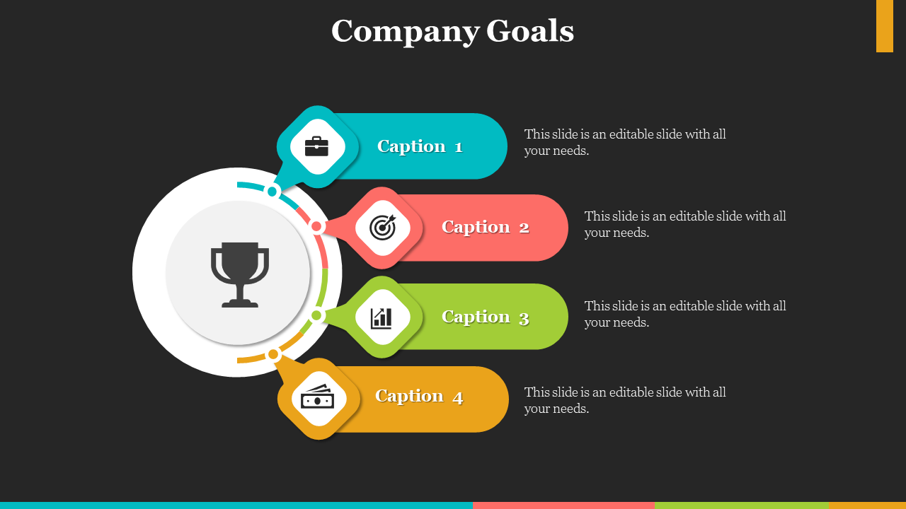 Company Goals slide featuring four colorful segments around a trophy icon, each with a caption.