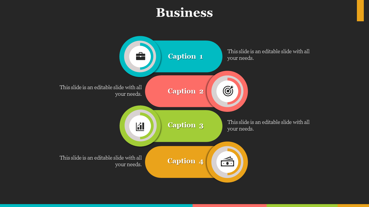 Business slide with four circular icons representing key business concepts, each with a caption and vibrant colors.