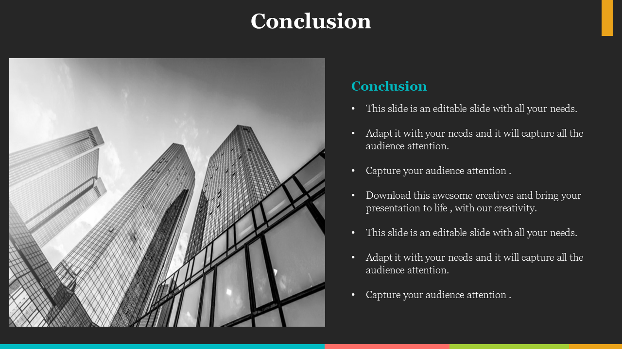 A Conclusion slide featuring a black and white photo of skyscrapers with captions and bullet points.