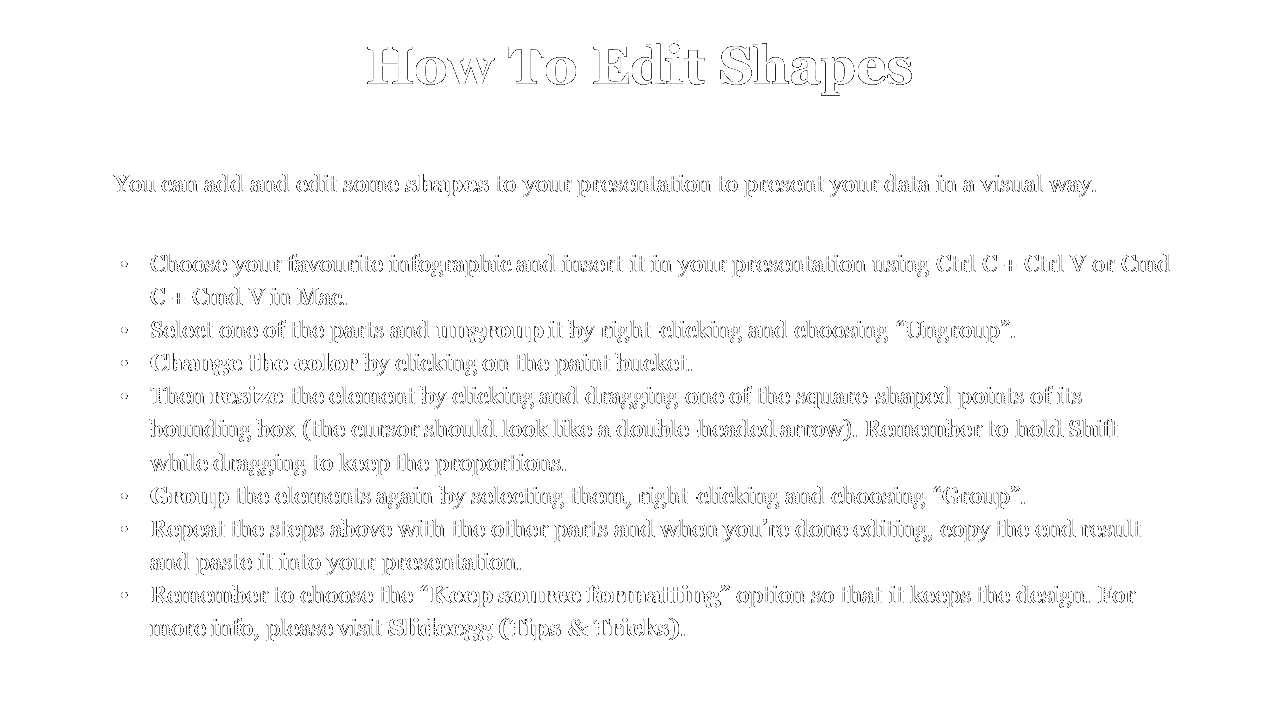 Instructions for editing shapes in a presentation, including steps to ungroup, change colors, resize, and group elements.