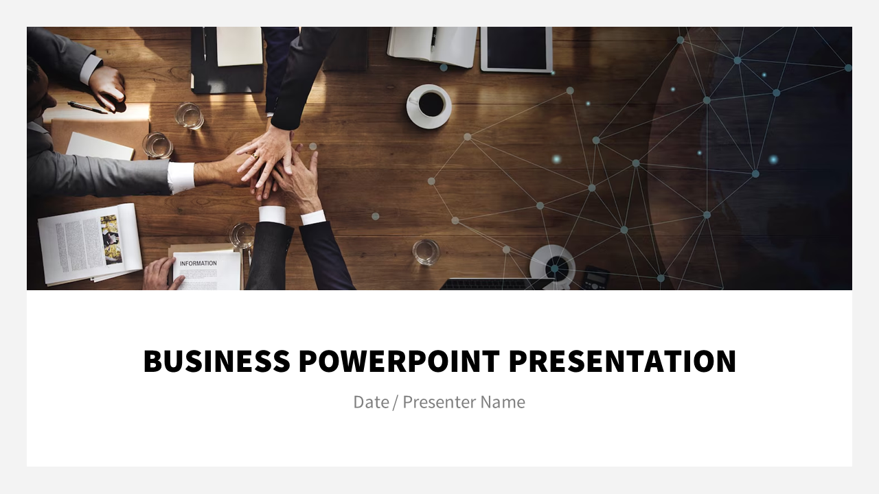 Business PPT slide with hands shaking over a table, and a digital network overlay, featuring placeholders for date and name.