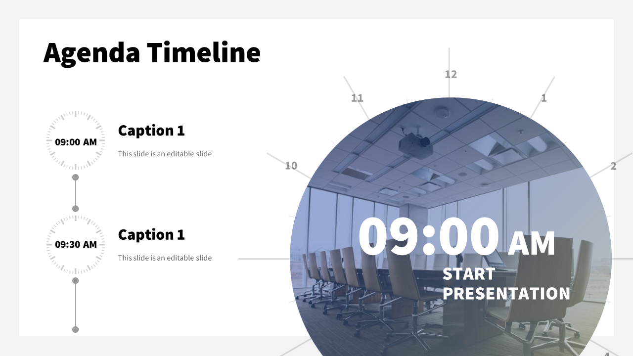 Agenda timeline slide with circular time indicators and office meeting room background marking the start of a presentation.
