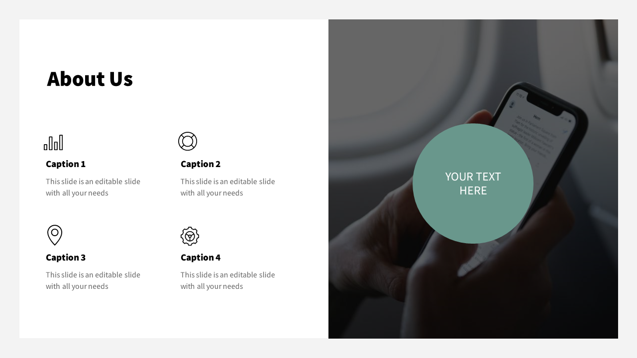 Business slide with icons for data analysis, a gear, a location pin, and a lightbulb, with text next to a person using phone.