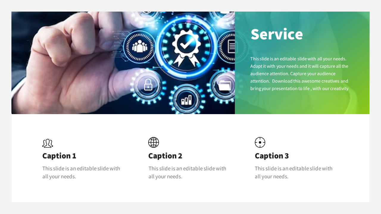 Service slide with an image of a person interacting with digital icons, featuring three icons with captions.