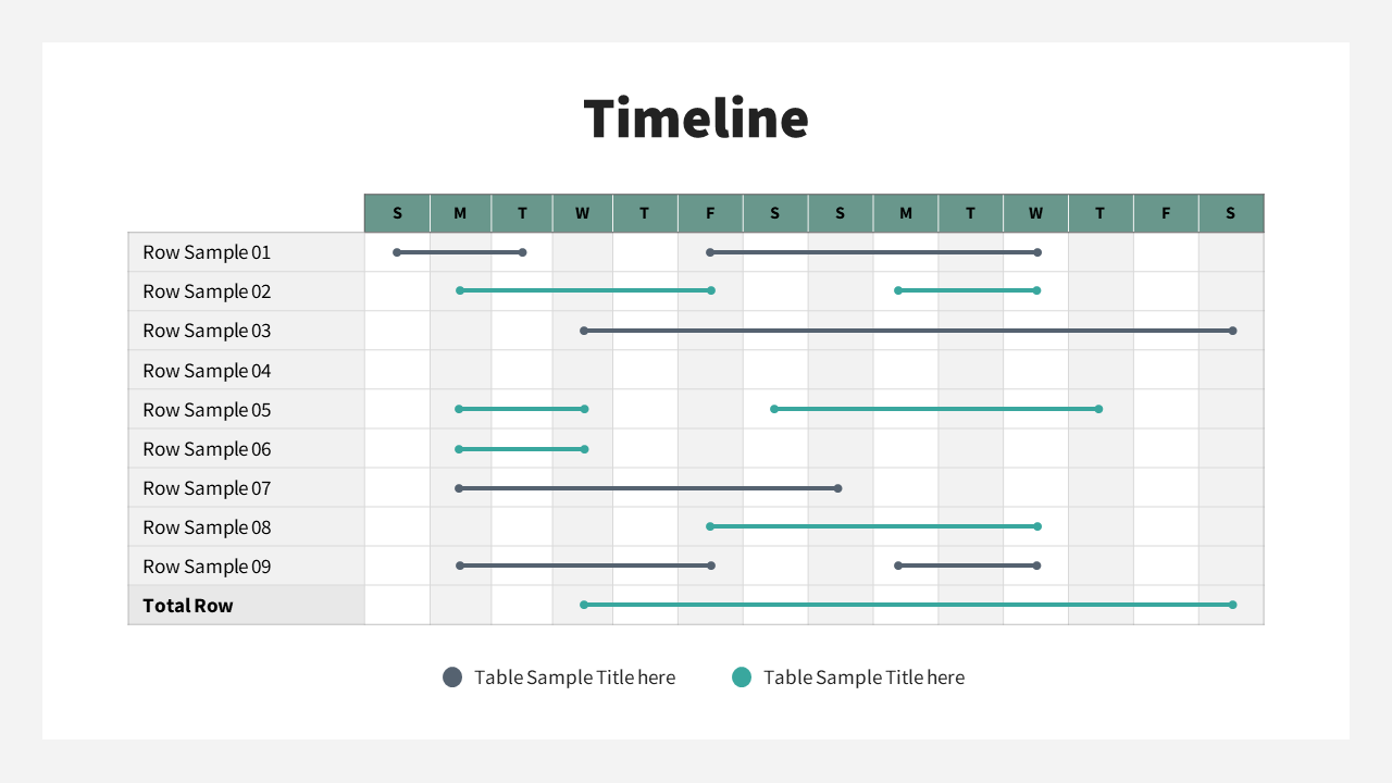 Timeline table showing tasks scheduled across different days of the week with markers for each row indicating their progress.