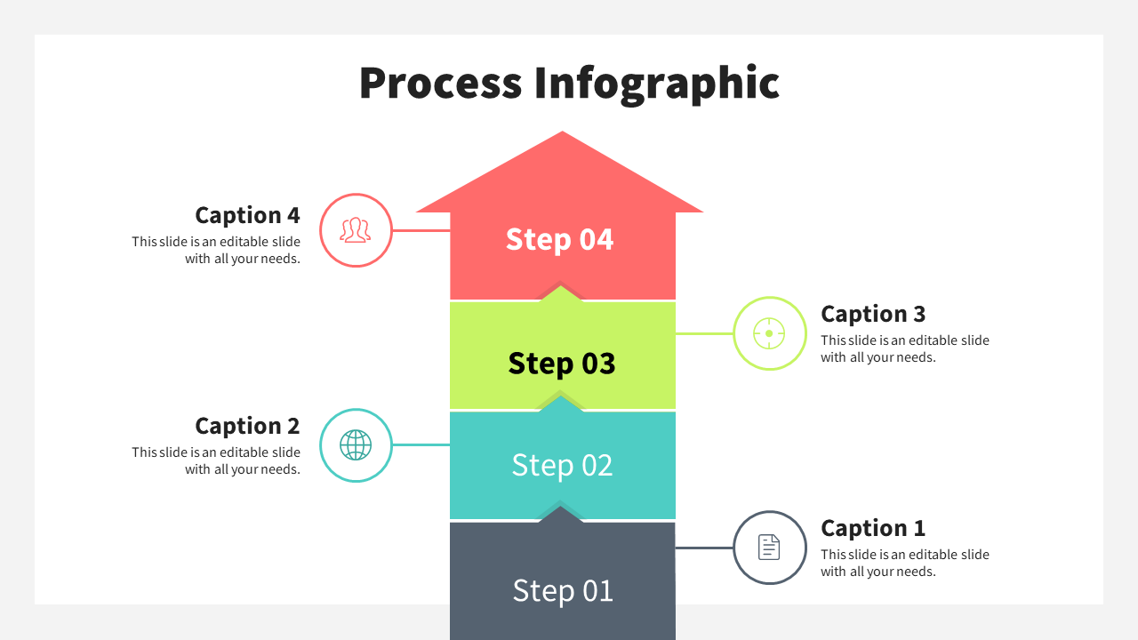 Arrow infographic slide with color shaded arrows gray, teal, red, and numbered labels, each with captions.