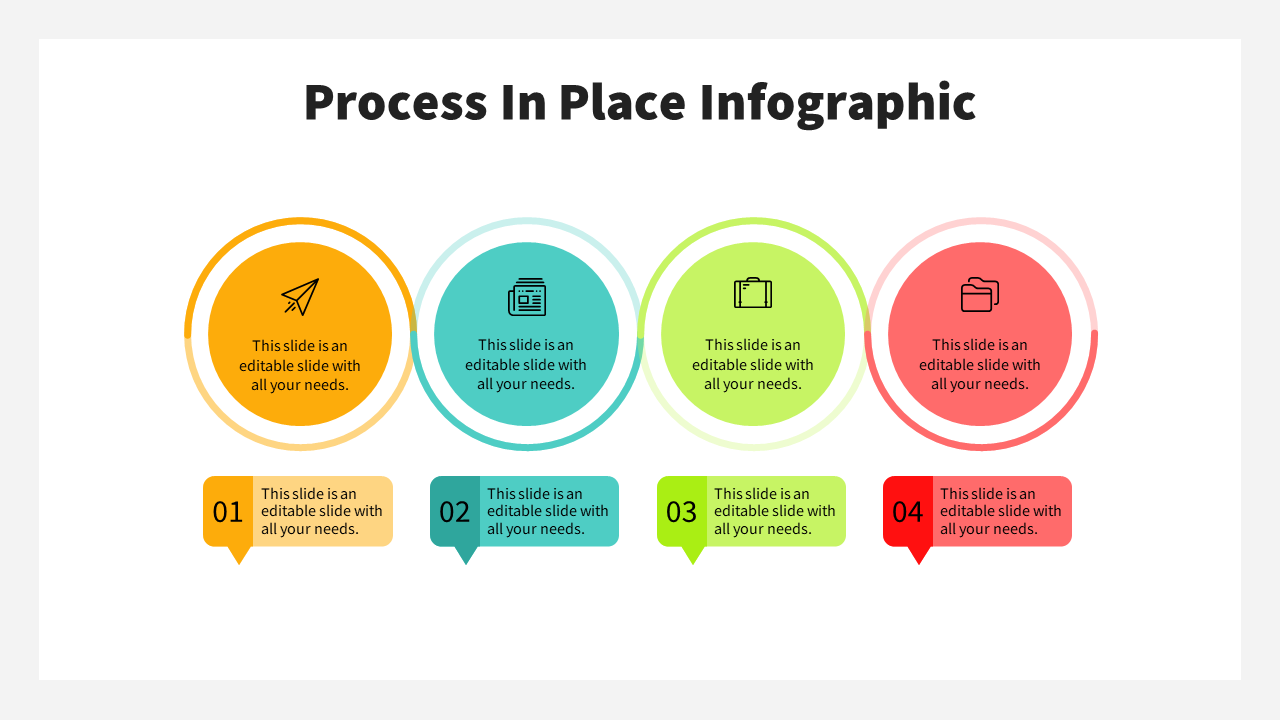 Process infographic with four colorful arrows pointing right, each representing a step with icons and numbered from 01 to 04.