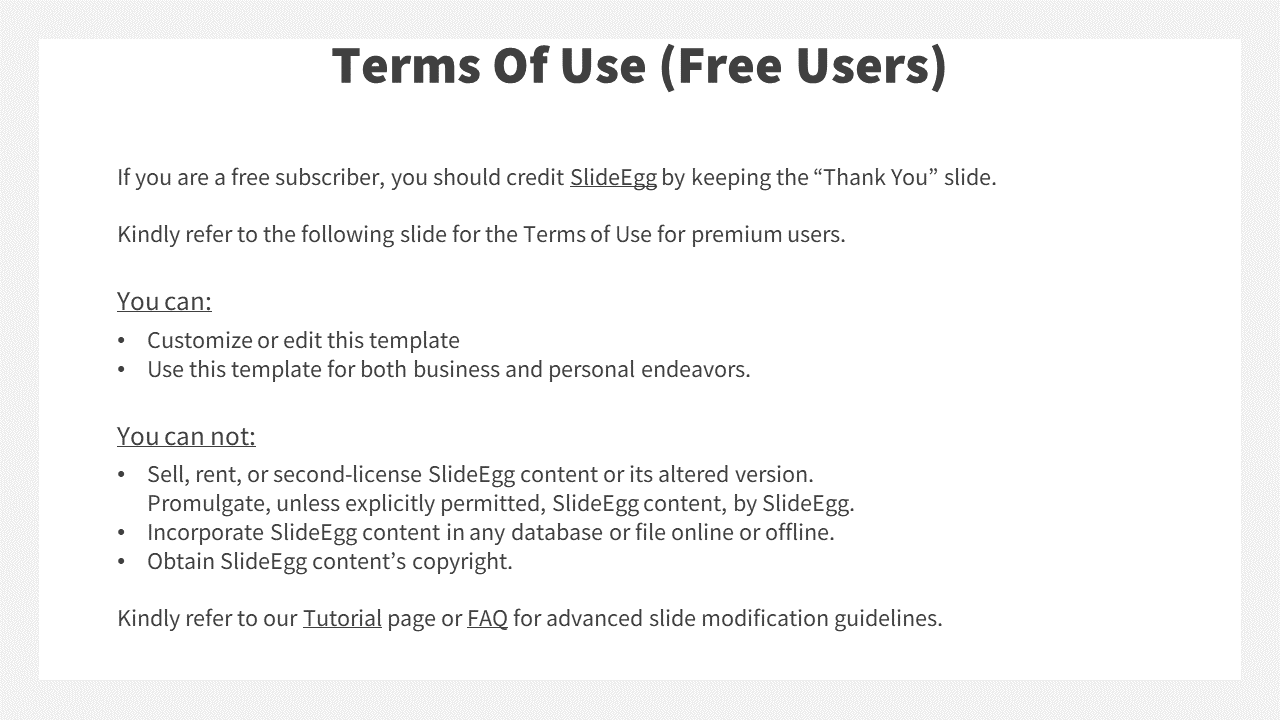 Terms of use for SlideEgg premium users, with rights to edit templates, and share them freely on a white backdrop.