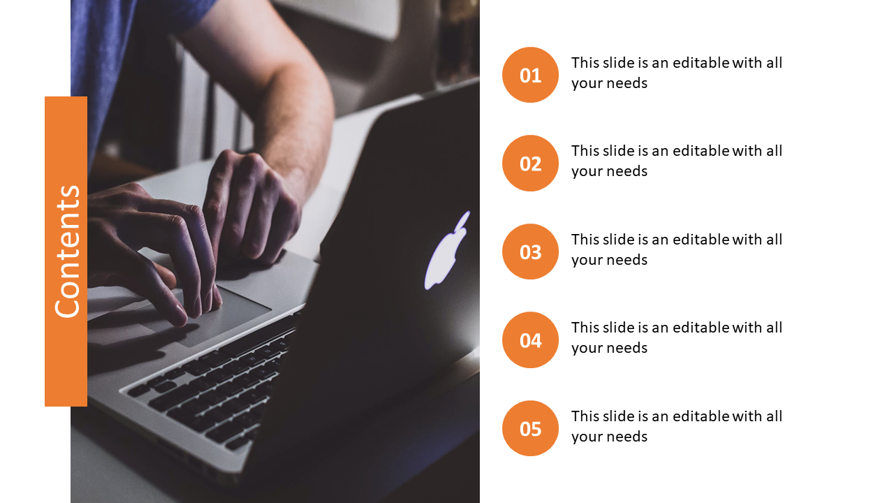 Contents slide featuring a list with five numbered items next to a person typing on a laptop, with a layout.