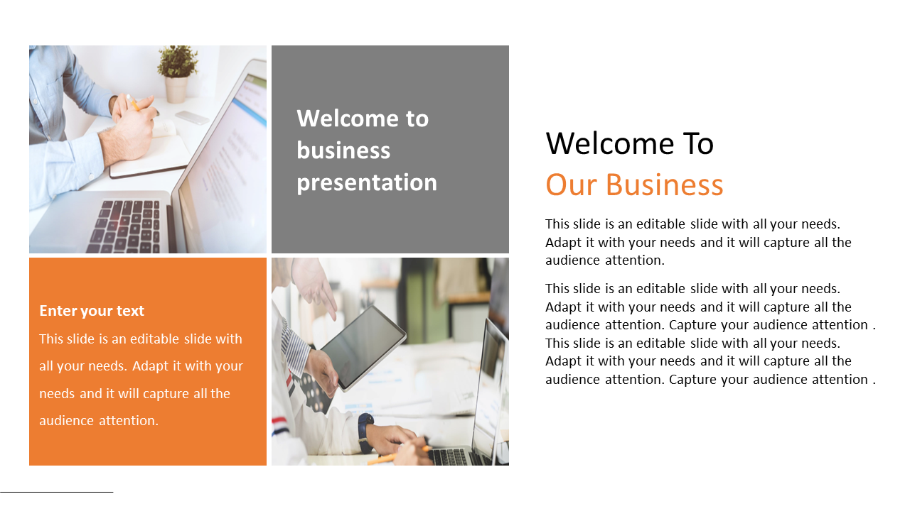 Welcome slide for a business slide featuring 2 sections with text and an orange background with a person typing on a laptop.