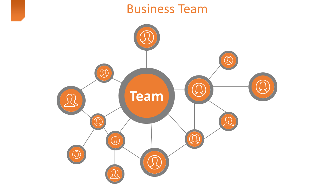 Business team slide shows a central icon surrounded by several smaller team members orange and grey icons connected by lines.