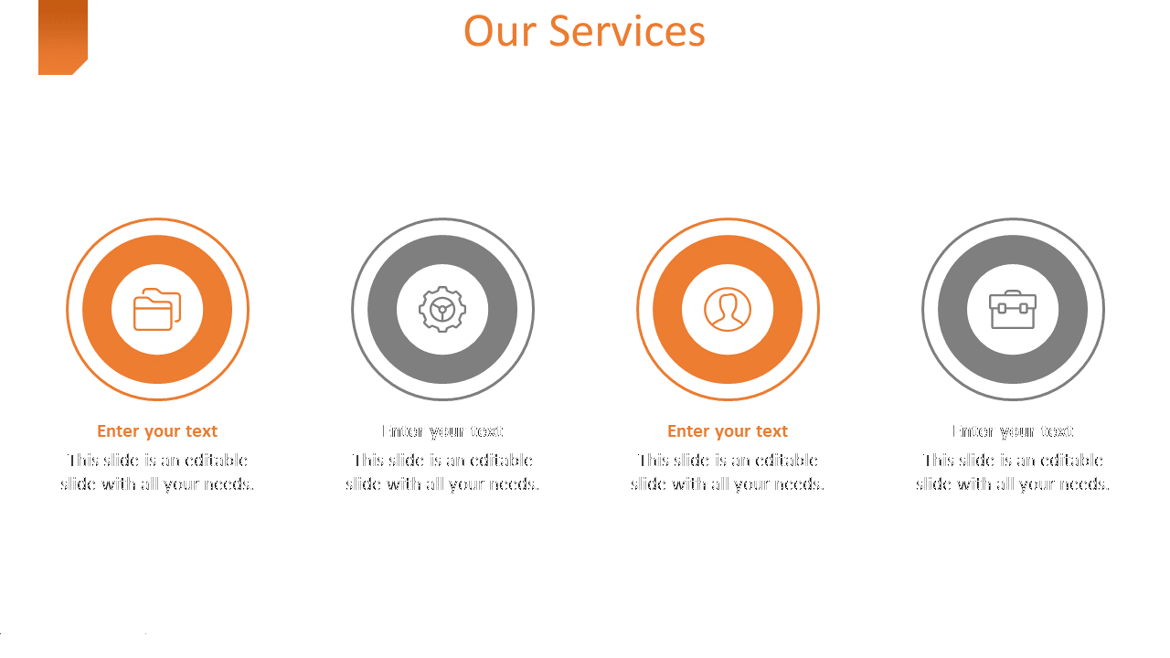 Our Services feature four icons in circular frames representing different services a folder, a gear, a user, and a briefcase.
