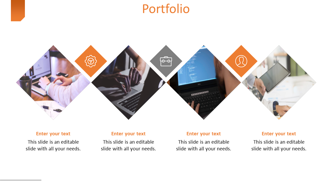 Portfolio slide with four diamond shaped images representing business themes with color coded icons and placeholder text.