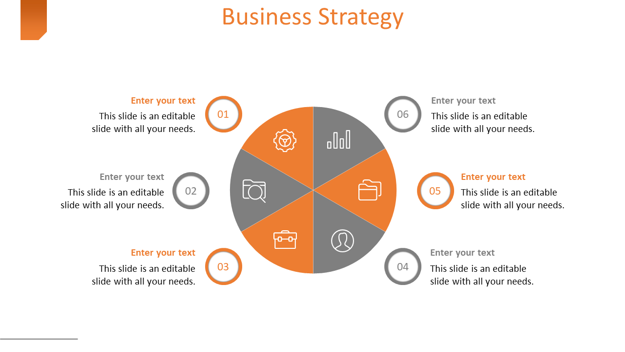 Business strategy slide with a gray and orange circular diagram divided into six sections, with icons.
