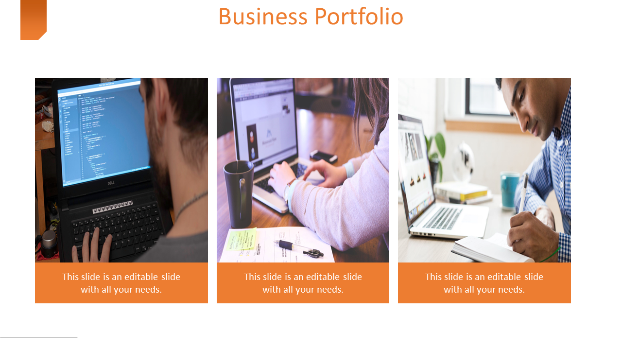 Business portfolio slide with three images of professionals working on laptops, with orange text placeholders below each.
