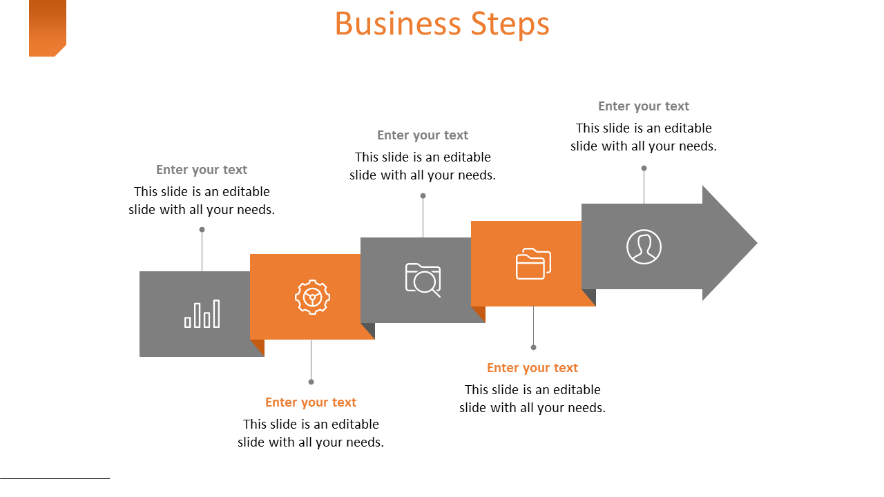 Business steps slide shows a series of orange and gray boxes with icons representing different business tasks.
