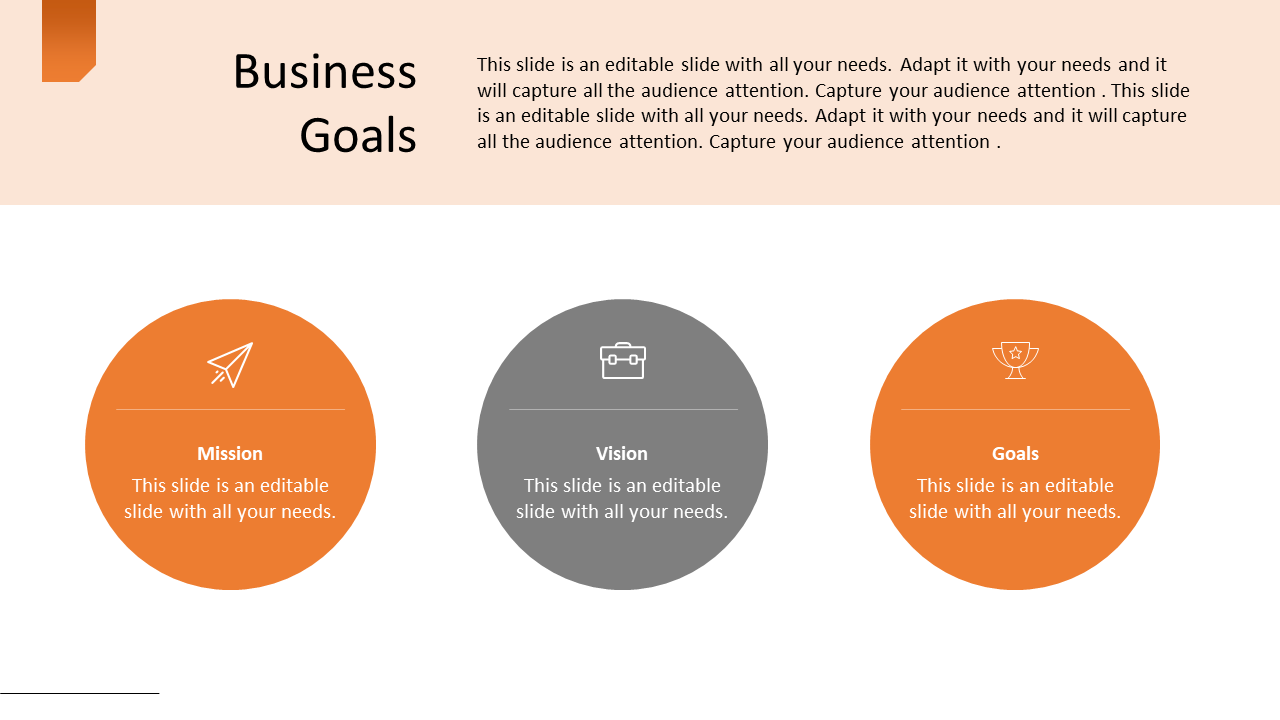 Business goals slide showing 3 sections Mission, Vision, and Goals, with corresponding orange and gray icons and text fields.