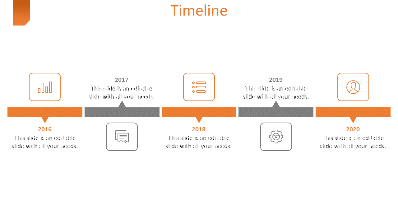 Timeline slide with milestones for 2016, 2017, 2018, 2019, and 2020, each marked with gray and orange icons and descriptions.