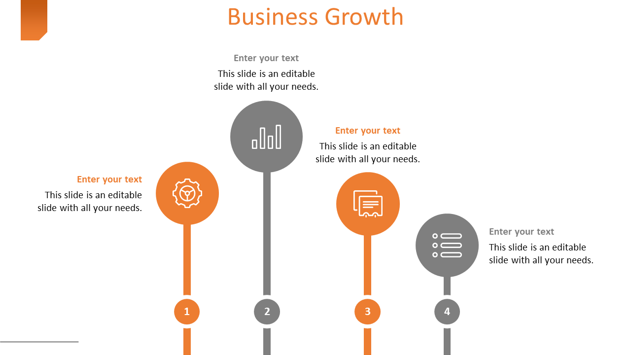 Business growth timeline with numbered 1 to 4, each with corresponding gray and orange icons and text on a white backdrop.
