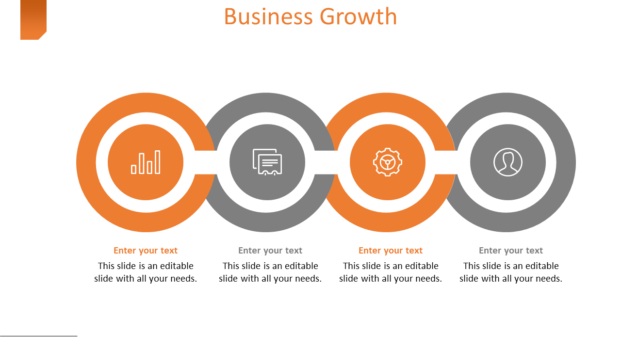 Business growth slide with four gray and orange circles, each with an icon and text fields on a white backdrop.
