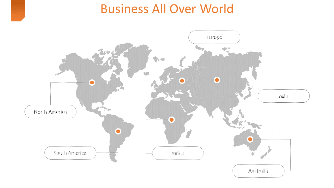 Global map highlighting business locations with markers in North America, South America, Europe, Asia, Africa, and Australia.