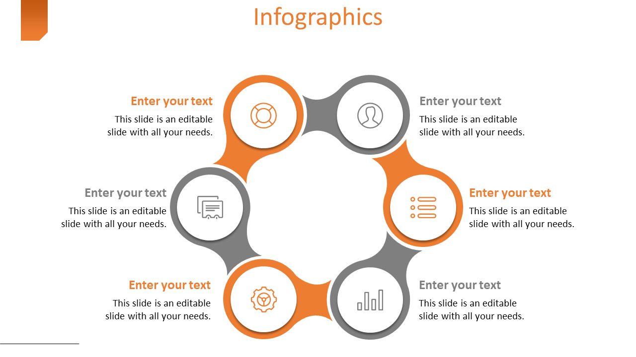 Infographic slide layout with six segments, each containing a gray and orange icon and a placeholder text.