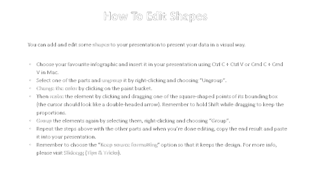 Guide on editing shapes in PowerPoint with steps on ungrouping, resizing, changing colors, and grouping elements.