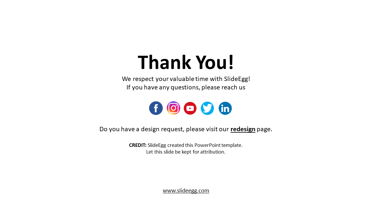 A thank you slide with a message, social media icons, and a link to the redesign page for design requests on a white theme.