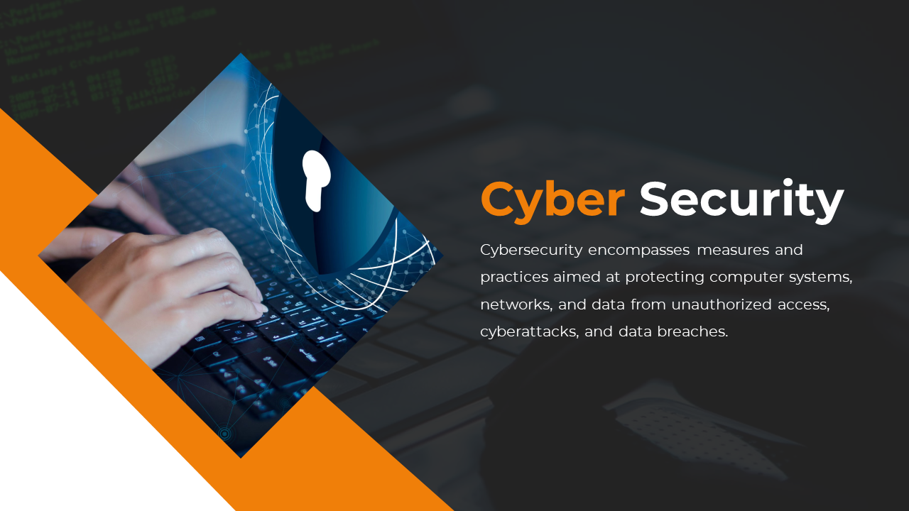 Cybersecurity presentation slide with a keylock symbol and a hand typing on a keyboard, describing cybersecurity practices.