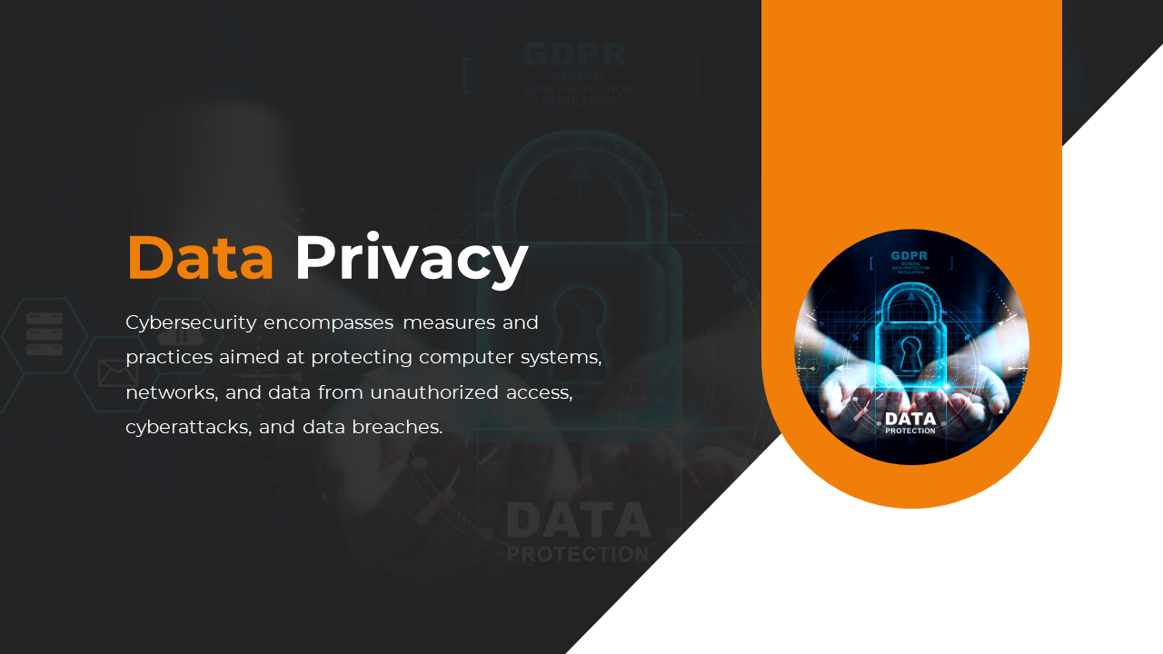 Data privacy presentation slide featuring a lock symbol with the text explaining cybersecurity practices for data protection.