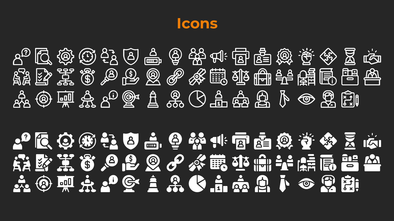 A grid of icons showcasing business and technology related topics like security, data analysis, and workflow management.