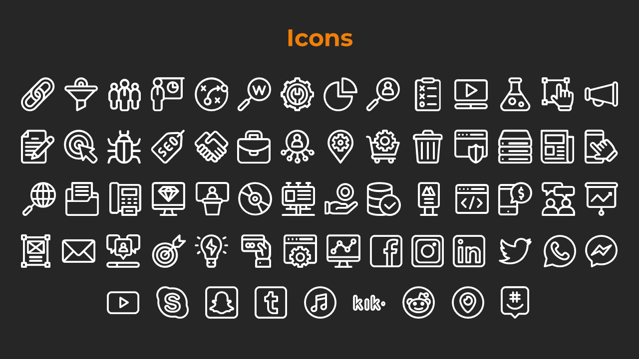 A set of white icons representing various business and technology related topics, including social media, and communication.